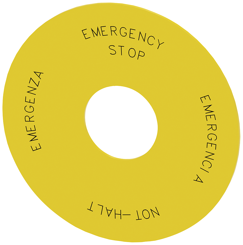 Podkladový štítek kulatý, pro hřibové tlačítko nouzového vypnutí, žlutá barva, popisek: NOT-HALT