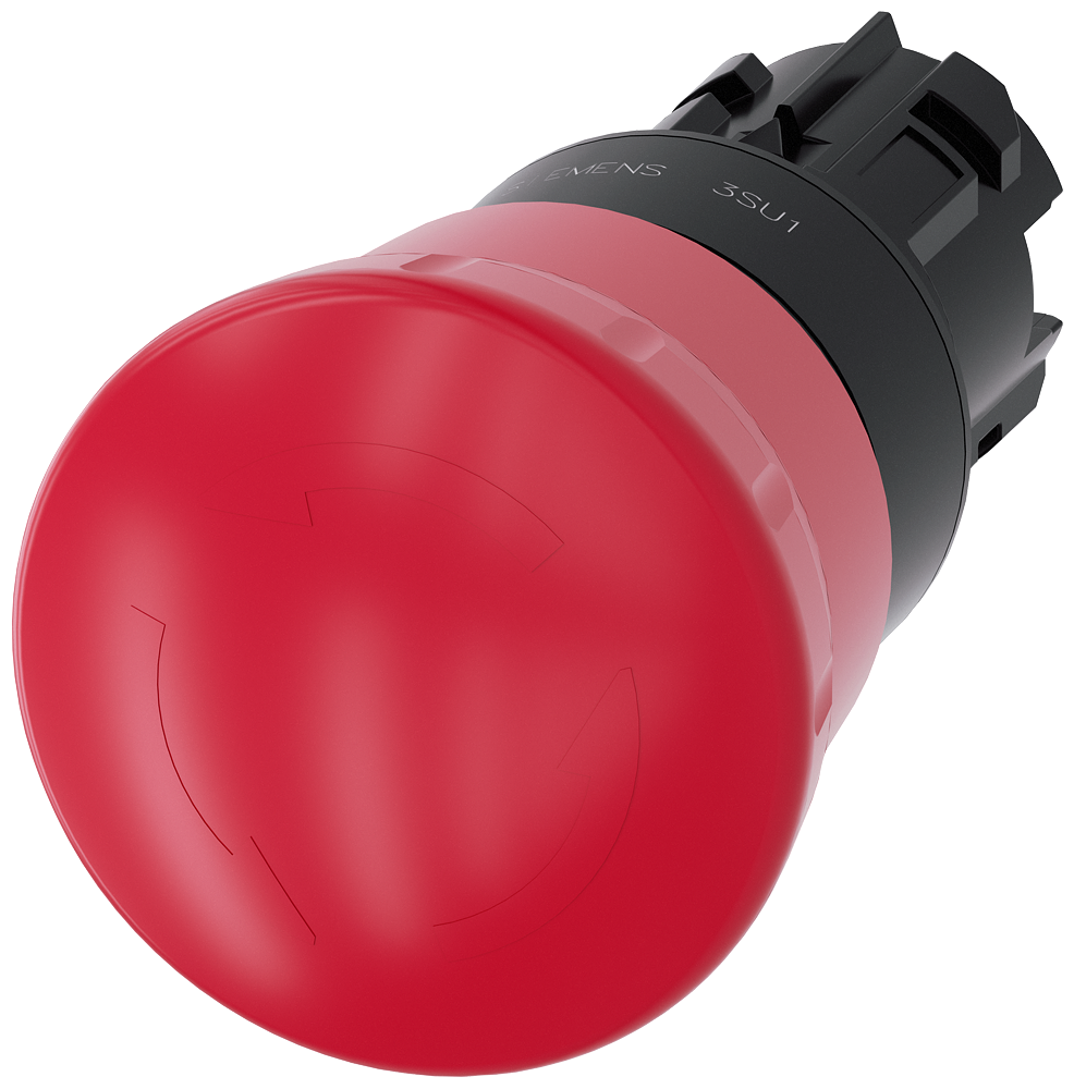 Emergency stop mushroom pushbutton. 22 mm. round. plastic. red. 40mm. positive latching. rotate-to-unlatch. with laser labeling. upper case and lower case. always upper case at beginning of line