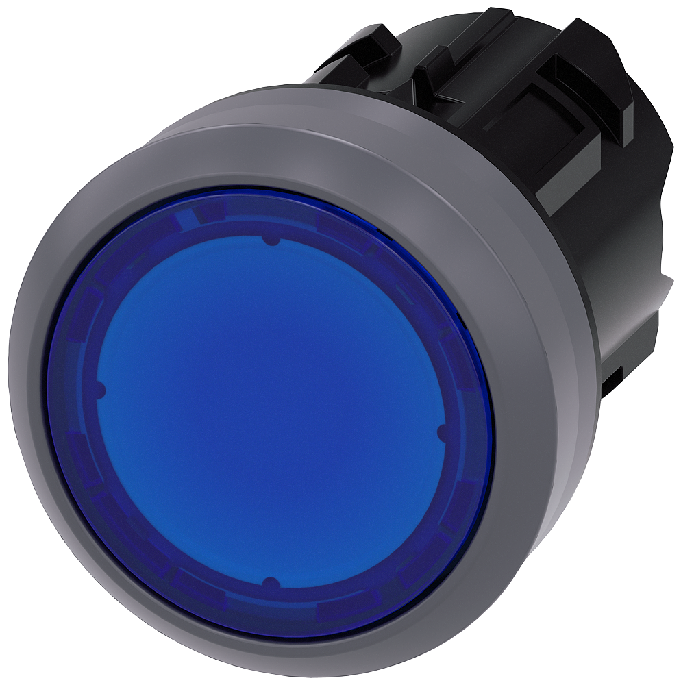 Illuminated pushbutton. 22 mm. round. plastic with metal front ring. blue. pushbutton. flat. latching. Push-to-release mechanism. with laser labeling. symbol number according to. ISO 7000 or IEC 60417