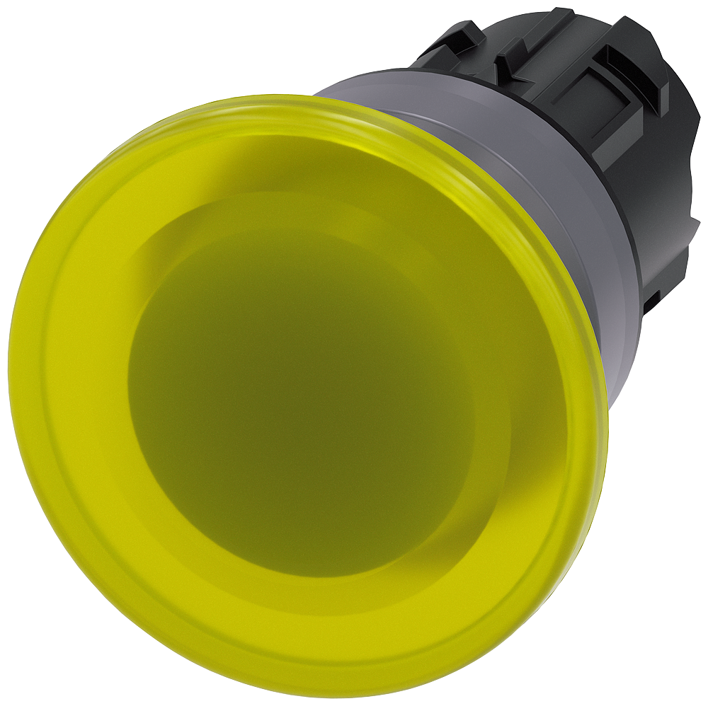 Illuminated mushroom pushbutton. 22 mm. round. plastic with metal front ring. yellow. 40 mm. momentary contact type. with laser labeling. upper case and lower case. always upper case at beginning of line