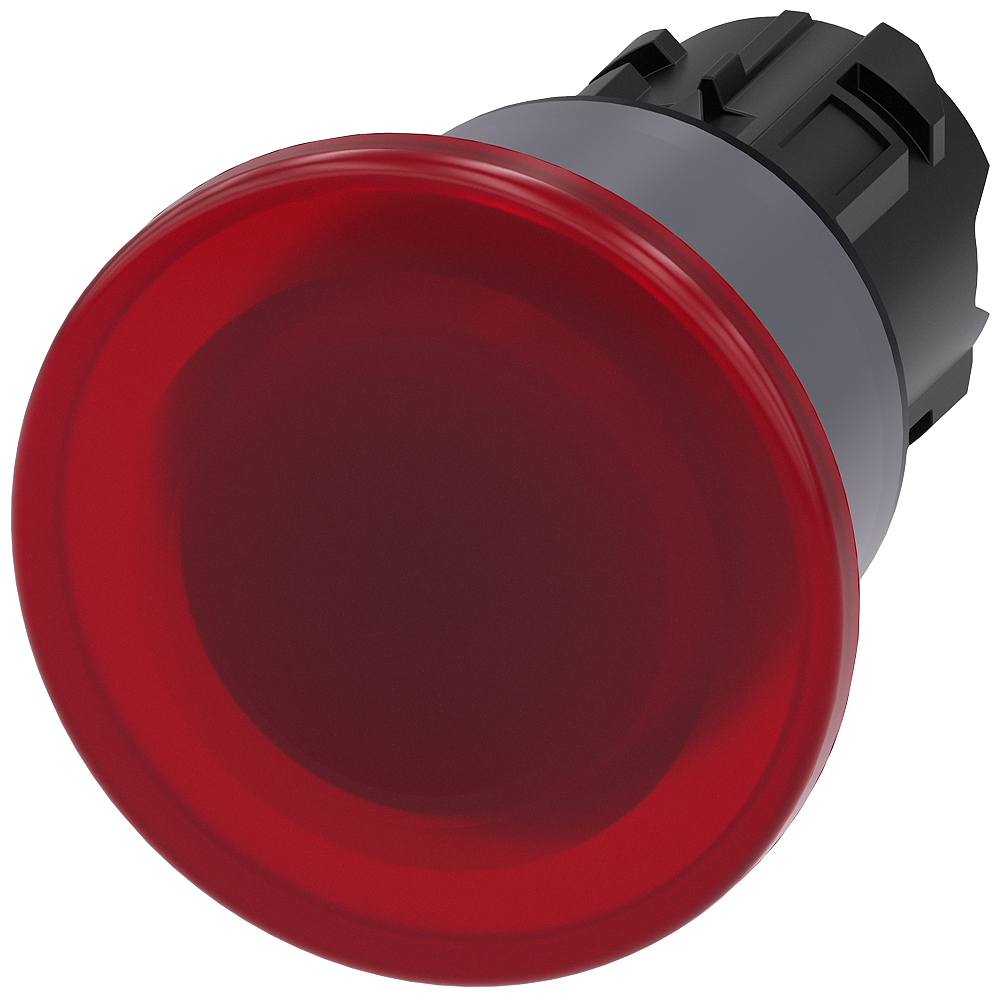 Illuminated mushroom pushbutton. 22 mm. round. plastic with metal front ring. red. 40mm. latching. pull-to-unlatch mechanism. with laser labeling. upper case and lower case. always upper case at the beginning of the word