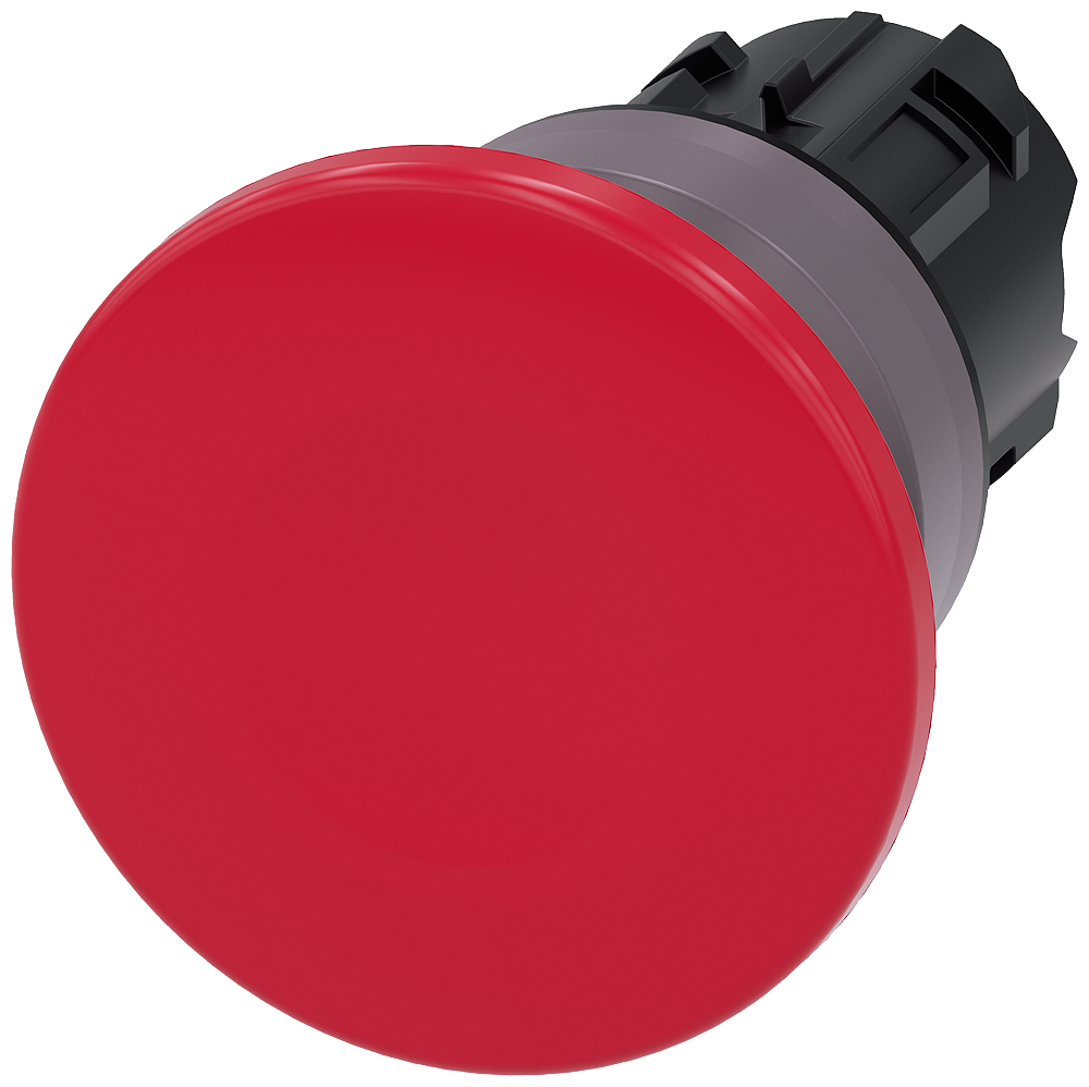 Mushroom pushbutton. 22 mm. round. plastic with metal front ring. red. 40mm. momentary contact type. with laser labeling. inscription or symbol Customer-specific selection with SIRIUS ACT configurator (CIN)