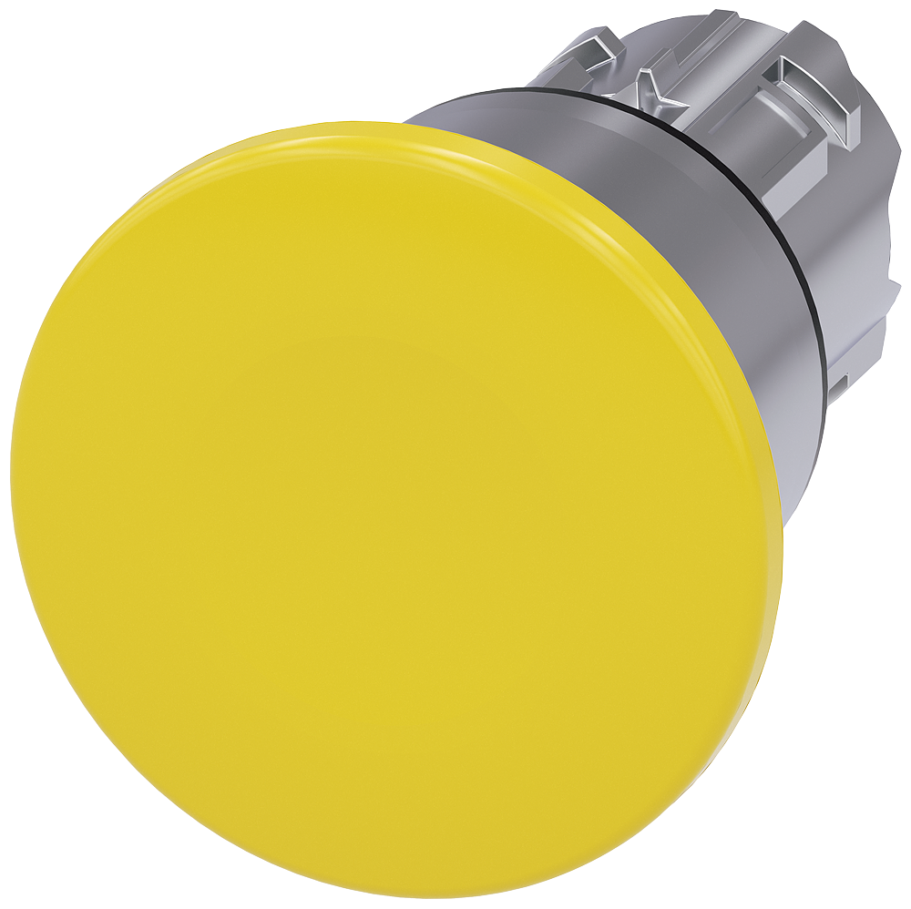 Mushroom pushbutton. 22 mm. round. metal. shiny. yellow. 40 mm. latching. pull-to-unlatch mechanism. with laser labeling. symbol number according to. ISO 7000 or IEC 60417