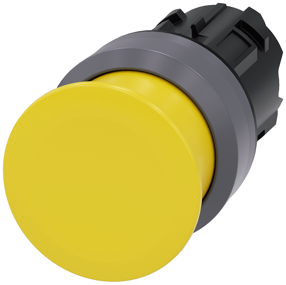 Mushroom pushbutton. 22 mm. round. plastic with metal front ring. yellow. 30 mm. momentary contact type. with laser labeling. upper case and lower case. alwaysupper case at the beginning of the word