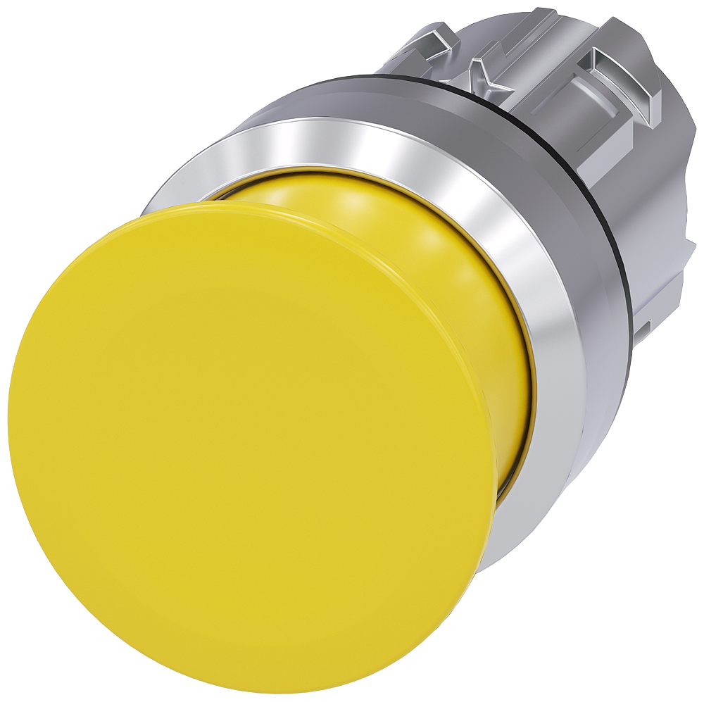Mushroom pushbutton. 22 mm. round. metal. shiny. yellow. 30 mm. momentary contact type. with laser labeling. upper case and lower case. always upper case at beginning of line