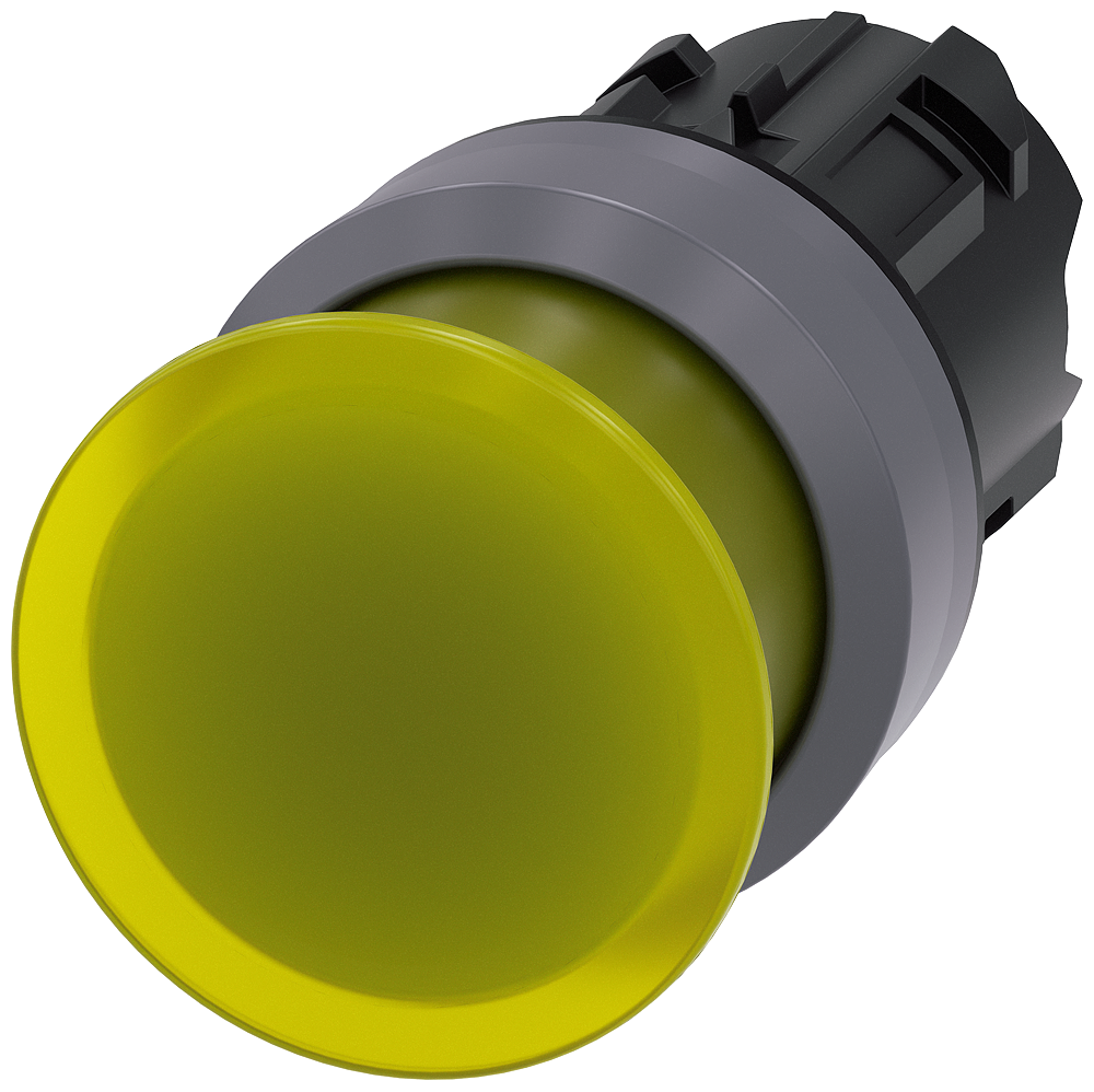 Illuminated mushroom pushbutton. 22 mm. round. plastic with metal front ring. yellow. 30 mm. momentary contact type. with laser labeling. upper case and lower case. always upper case at beginning of line