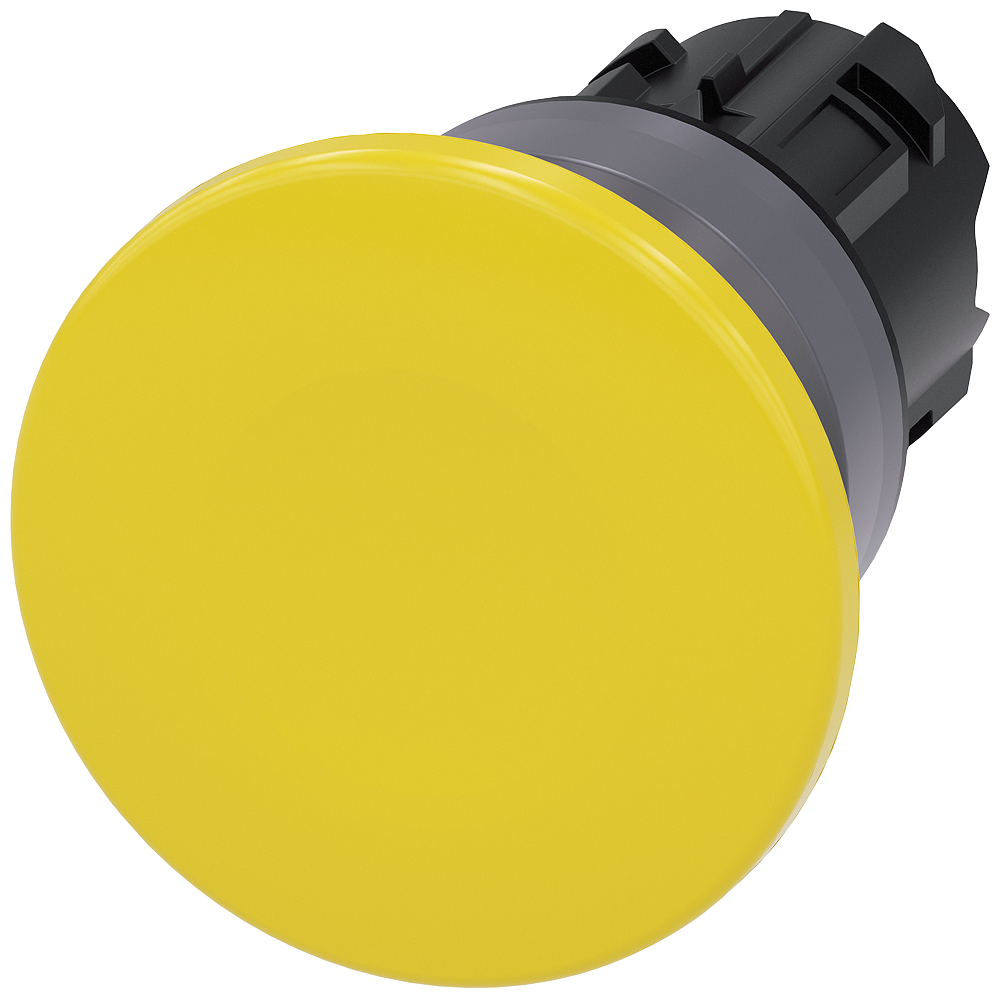 Mushroom pushbutton. 22 mm. round. plastic with metal front ring. yellow. 40 mm. momentary contact type. Z=50-unit packaging