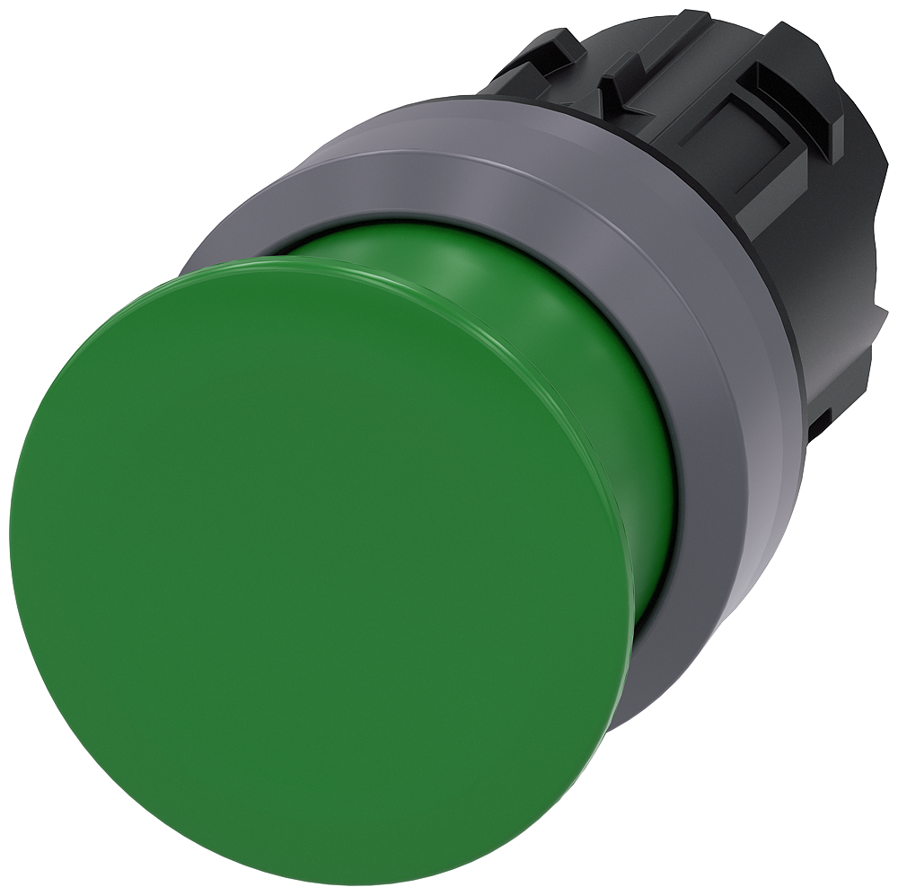 Mushroom pushbutton. 22 mm. round. plastic with metal front ring. green. 30 mm.momentary contact type. with laser labeling. upper case