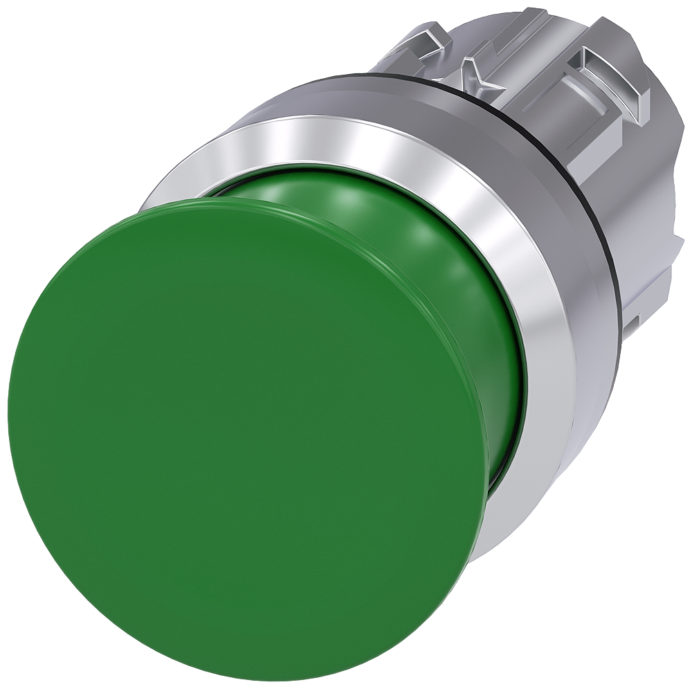 Mushroom pushbutton. 22 mm. round. metal. shiny. green. 30 mm. momentary contact type. with laser labeling. upper case and lower case. always upper case at beginning of line