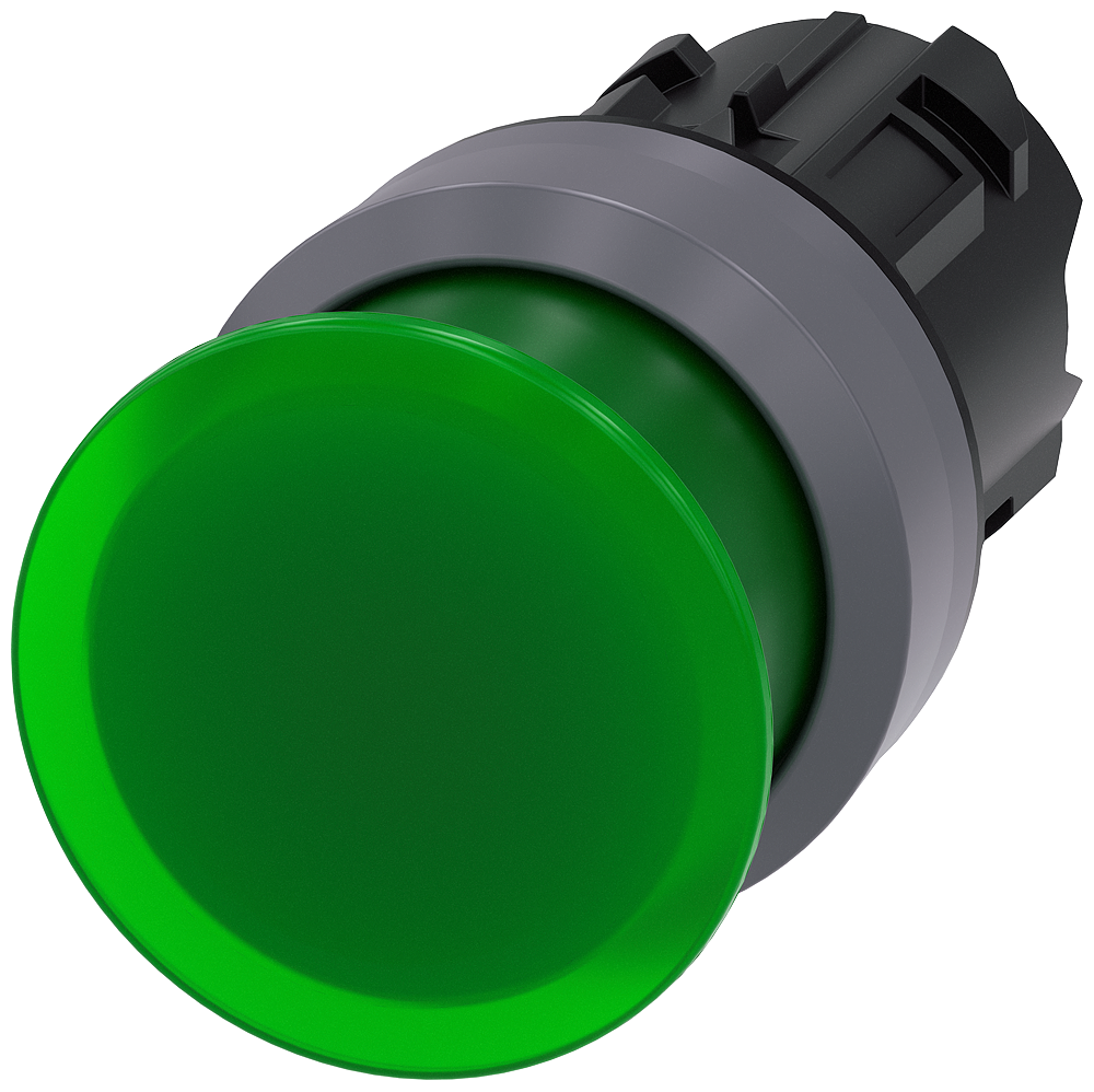 Illuminated mushroom pushbutton. 22 mm. round. plastic with metal front ring. green. 30 mm. momentary contact type. with laser labeling. upper case and lower case. always upper case at the beginning of the word