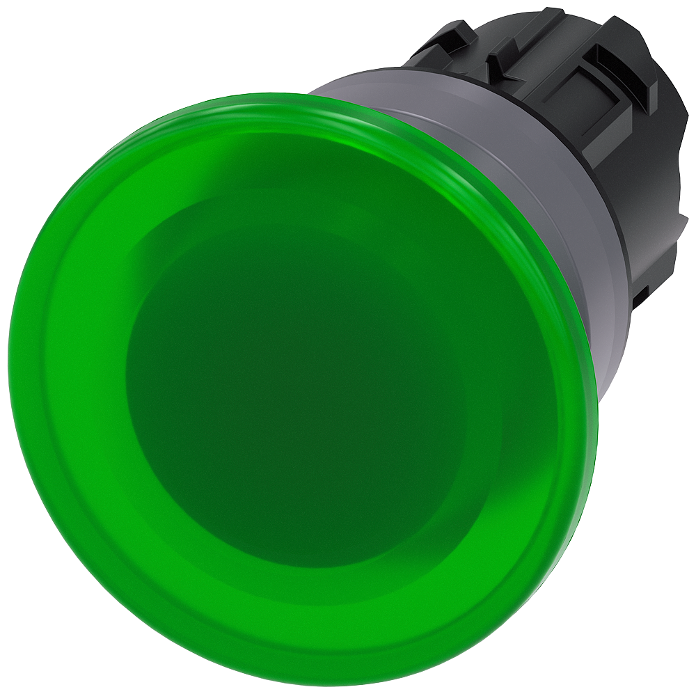 Illuminated mushroom pushbutton. 22 mm. round. plastic with metal front ring. green. 40 mm. momentary contact type. with laser labeling. upper case and lower case. always upper case at the beginning of the word