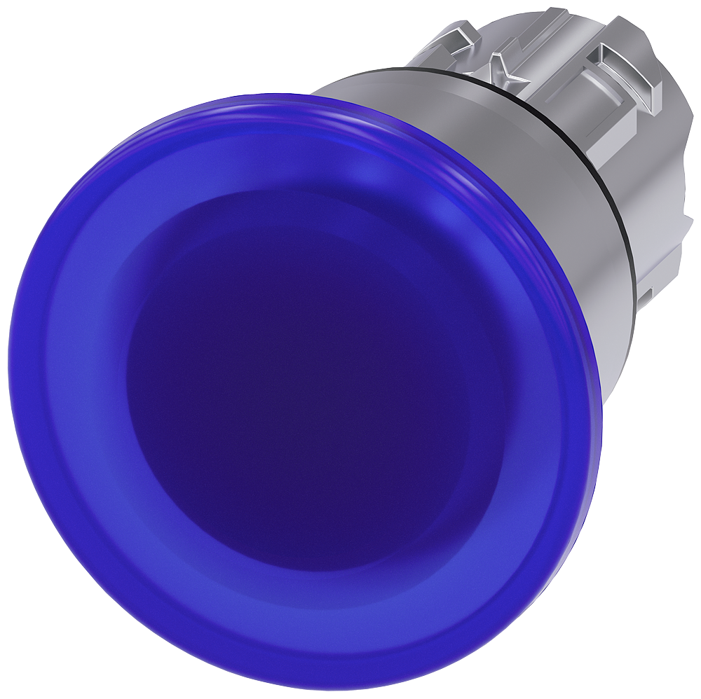 Illuminated mushroom pushbutton. 22 mm. round. metal. shiny. blue. 40 mm. latching. pull-to-unlatch mechanism. with laser labeling. inscription or symbol Customer-specific selection with SIRIUS ACT configurator (CIN)