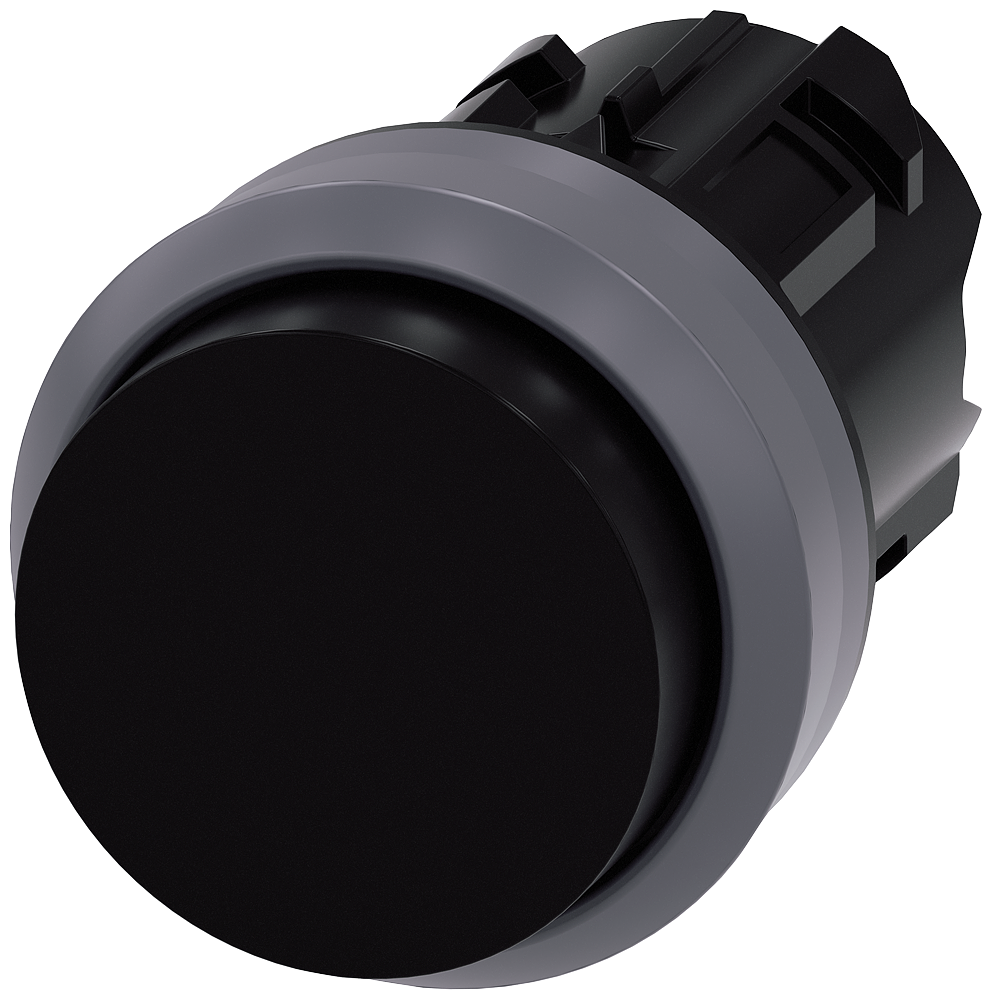 Pushbutton. 22 mm. round. plastic with metal front ring. black. pushbutton. raised momentary contact type. with laser labeling. symbol number according to. ISO7000 or IEC 60417