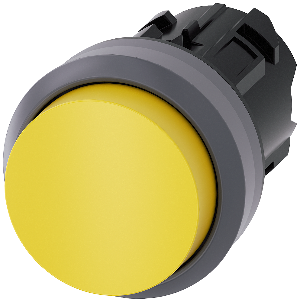 Pushbutton. 22 mm. round. plastic with metal front ring. yellow. pushbutton. raised momentary contact type. with laser labeling. inscription or symbol Customer-specific selection with SIRIUS ACT configurator (CIN)