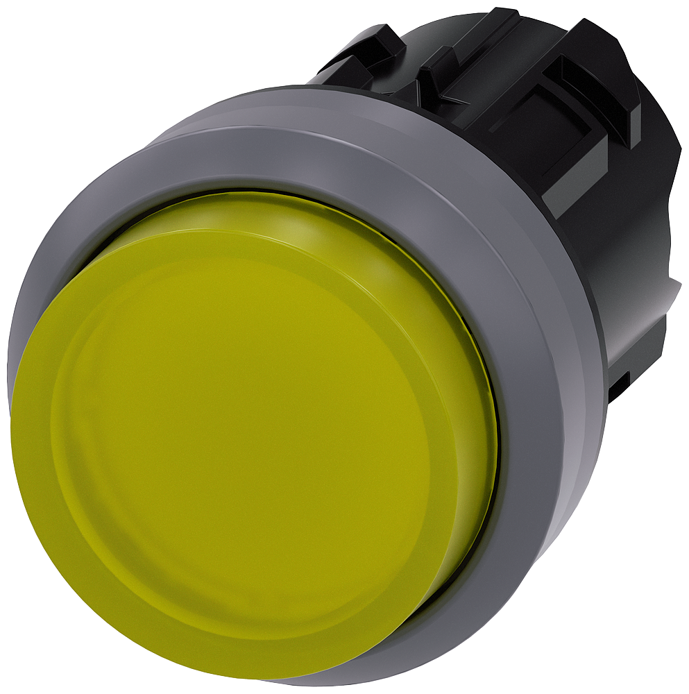 Illuminated pushbutton. 22 mm. round. plastic with metal front ring. yellow. pushbutton. raised momentary contact type. with laser labeling. upper case and lower case. Always upper case at the beginning of the word