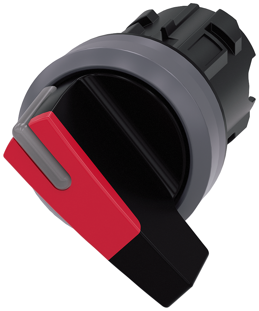 Selector switch. illuminable. 22 mm. round. plastic with metal front ring. red.selector switch. long. 2 switch positions O-I. latching. actuating angle 90 . 10 30h/13 30h. with laser labeling. inscription or symbol Customer-specific selection with SIRIUS ACT configurator (CIN)