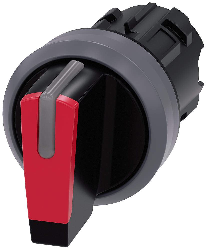 Selector switch. illuminable. 22 mm. round. plastic with metal front ring. red.selector switch. short. 3 switch positions I O ( ) II. momentary contact on theleft. latching on the right. actuating angle 2x45 . 10 30h/12h/13 30h. with laser labeling. upper case and lower case. always upper case at the beginning of the word