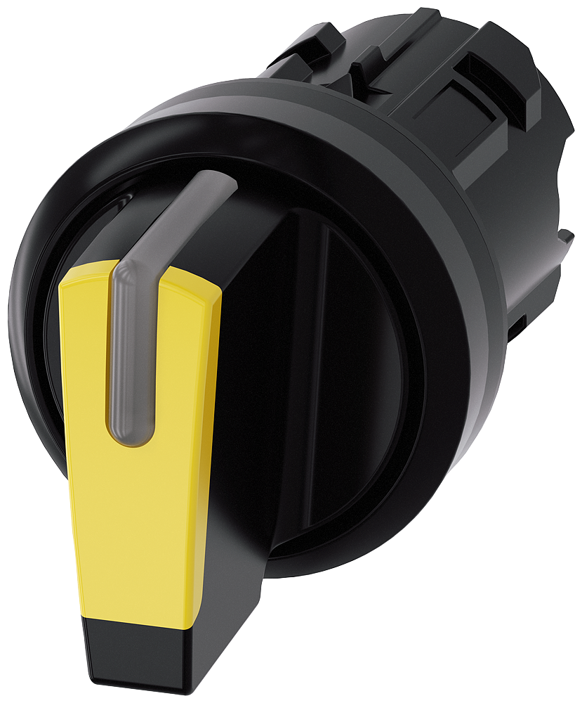 Selector switch. illuminable. 22 mm. round. plastic. yellow. selector switch. short. 3 switch positions I-O ( ) II. left latching. right momentary contact type. actuating angle 2x45 . 10 30h/12h/13 30h. with laser labeling. upper case and lower case. always upper case at the beginning of the word