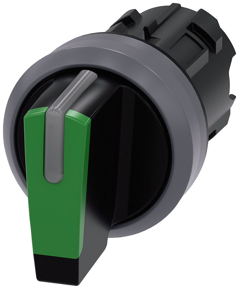 Selector switch. illuminable. 22 mm. round. plastic with metal front ring. green. selector switch. short. 3 switch positions I O ( ) II. momentary contact on the left. latching on the right. actuating angle 2x45 . 10 30h/12h/13 30h. Z=50-unit packaging
