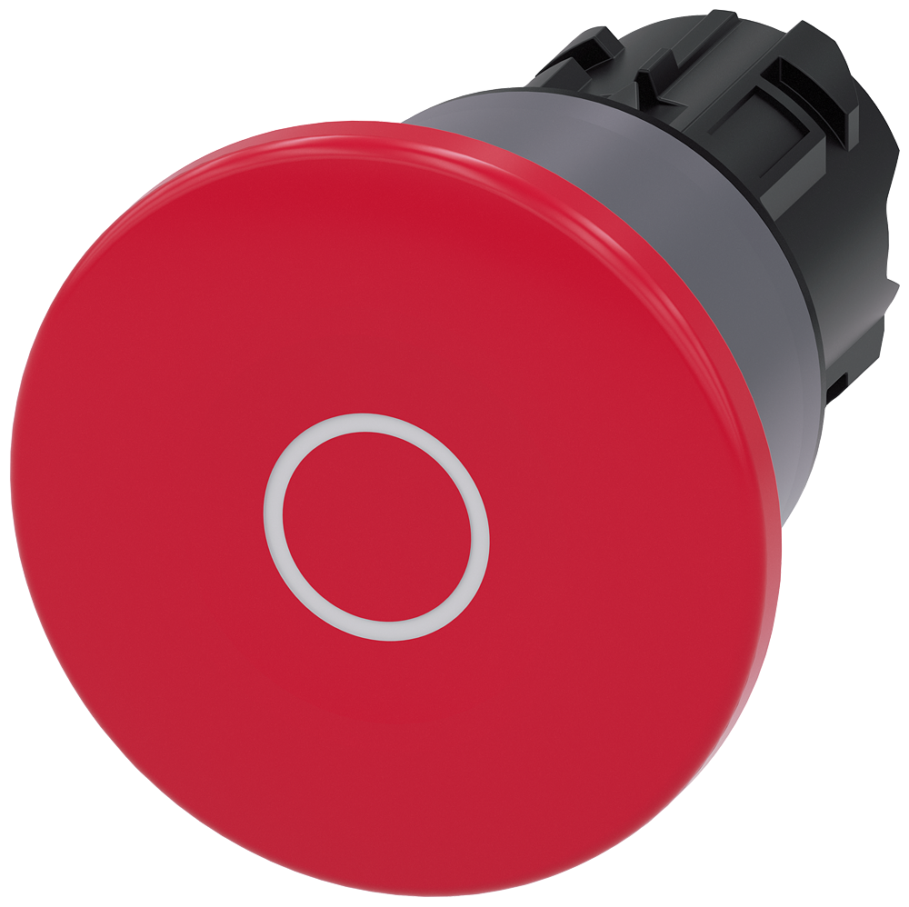 Mushroom pushbutton. 22 mm. round. plastic with metal front ring. red. inscription O. 40 mm. latching. pull-to-unlatch mechanism. Z=50-unit packaging