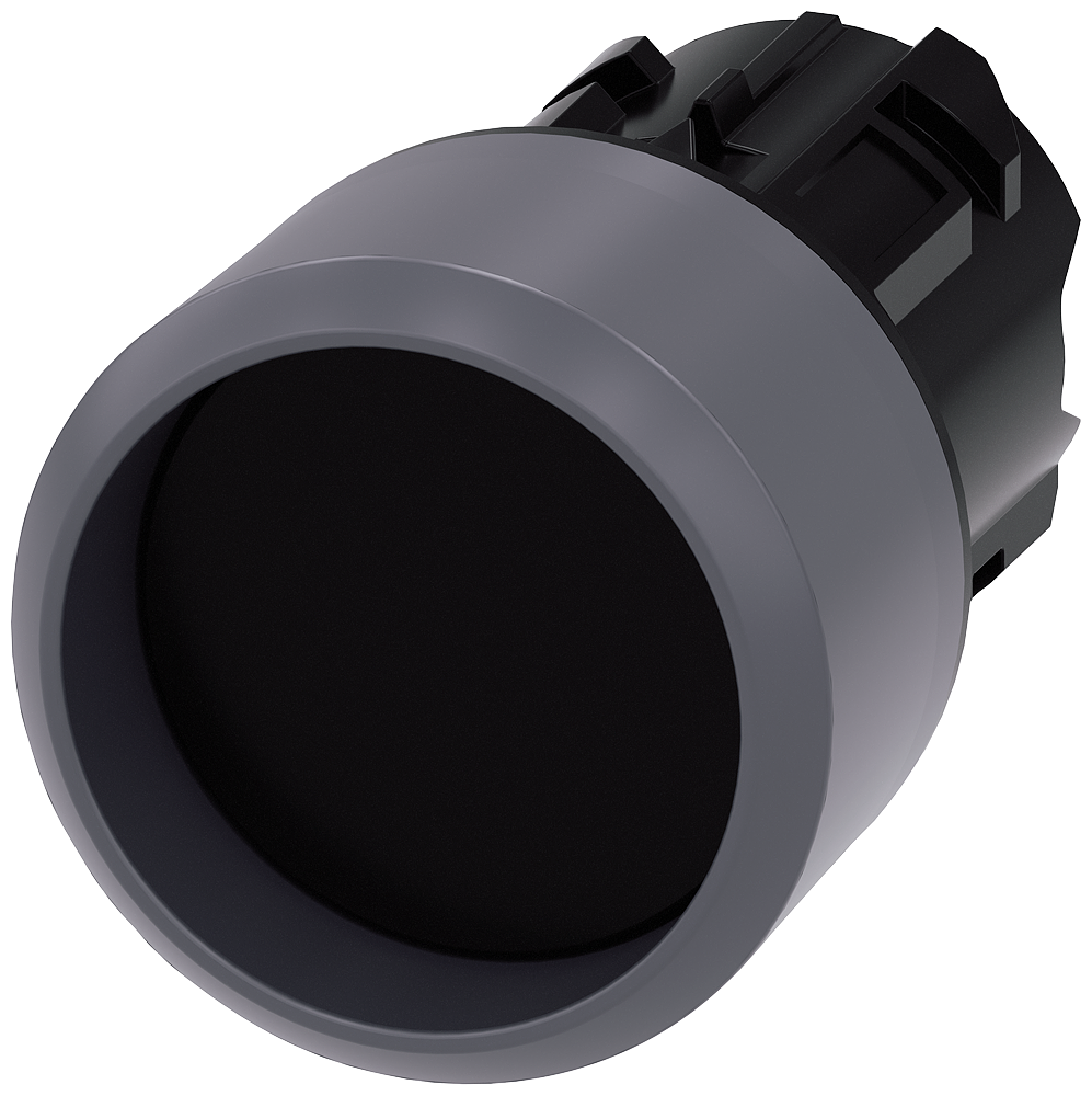 Pushbutton. 22 mm. round. plastic with metal front ring. black. Front ring. raised momentary contact type. with laser labeling. upper case and lower case. always upper case at beginning of line