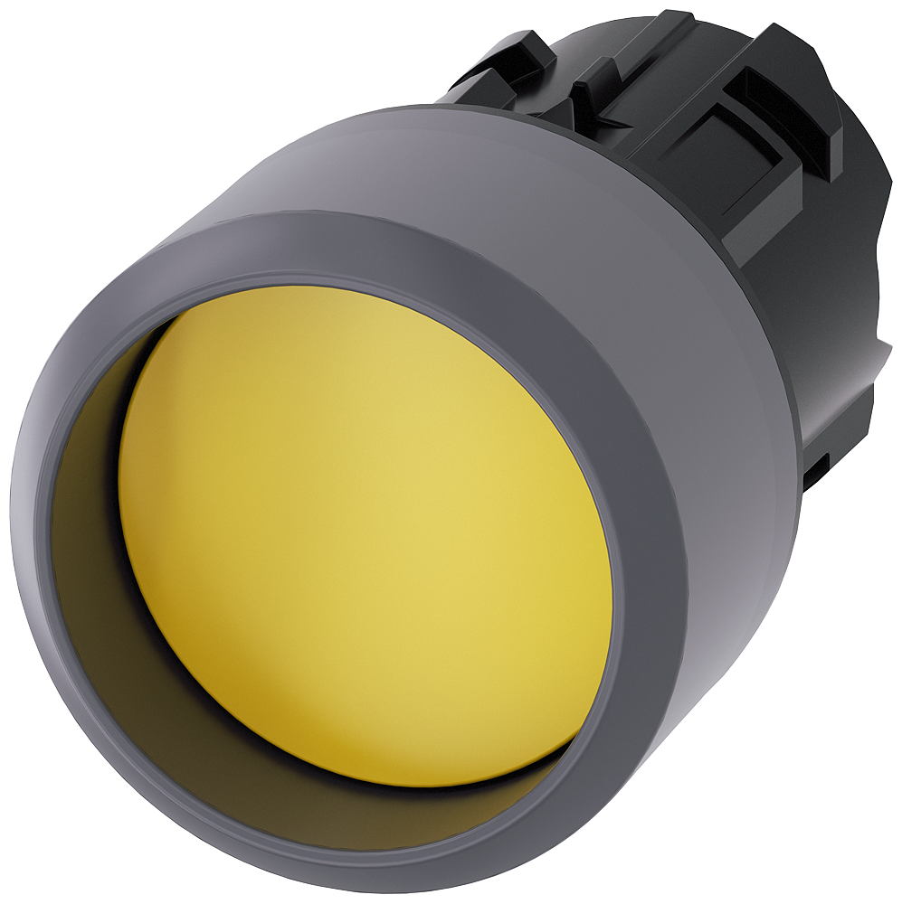 Pushbutton. 22 mm. round. plastic with metal front ring. yellow. Front ring. raised momentary contact type. with laser labeling. upper case and lower case. always upper case at beginning of line