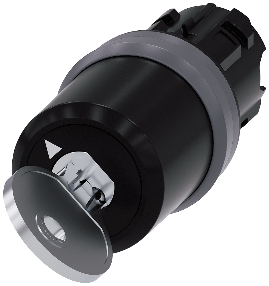 Key-operated switch BKS. 22 mm. round. plastic with metal front ring. Lock No. E2 (VW). without key. 2 switch positions O-I. latching. actuating angle 90 . 10 30h/13 30h. key removal O+I. with laser labeling. inscription or symbol Customer-specific selection with SIRIUS ACT configurator (CIN)