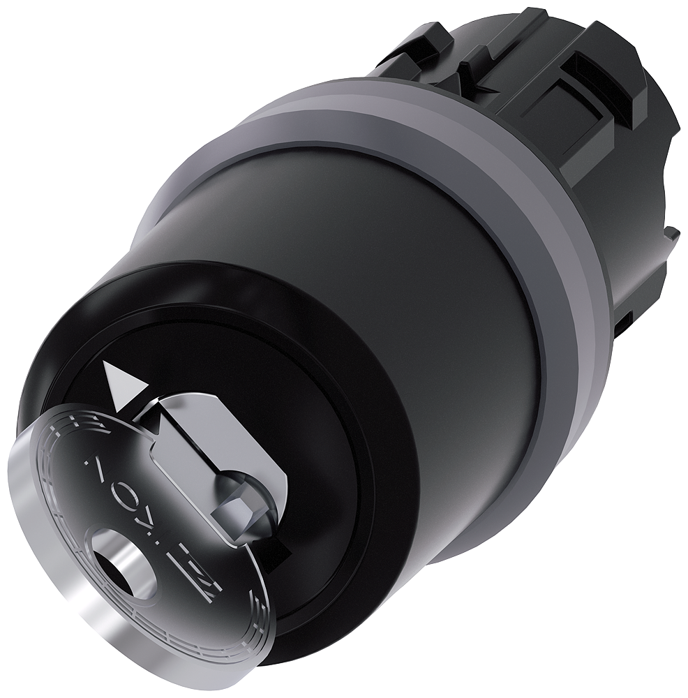 Key-operated switch IKON. 22 mm. round. plastic with metal front ring. lock number 360012K1. with 2 keys. 2 switch positions O ( ) I. momentary contact type. Actuating angle 45 . 10 30h/12h. key removal O. with laser labeling. upper case and lower case. always upper case at the beginning of the word