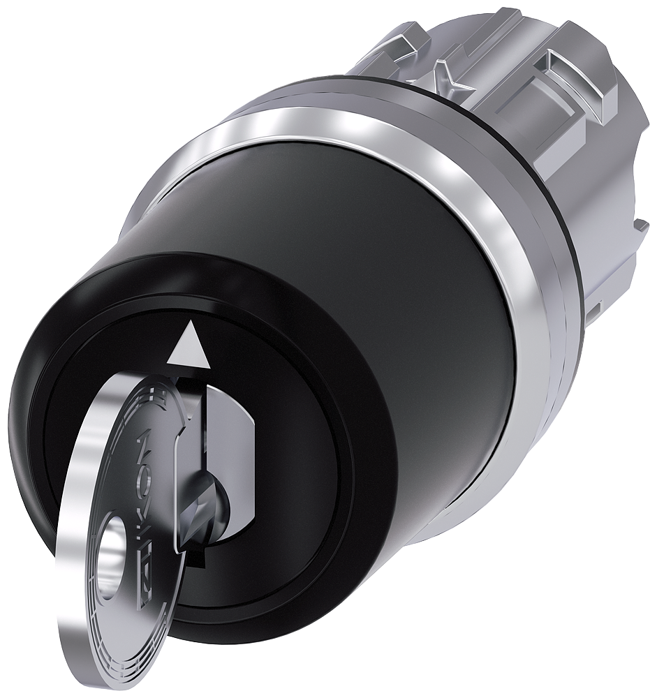 Key-operated switch IKON. 22 mm. round. metal. shiny. special lock. with 2 keys. 3 switch positions I-O-II. latching. actuating angle 2x45 . 10 30h/12h/13 30h.Key removal I+O+II