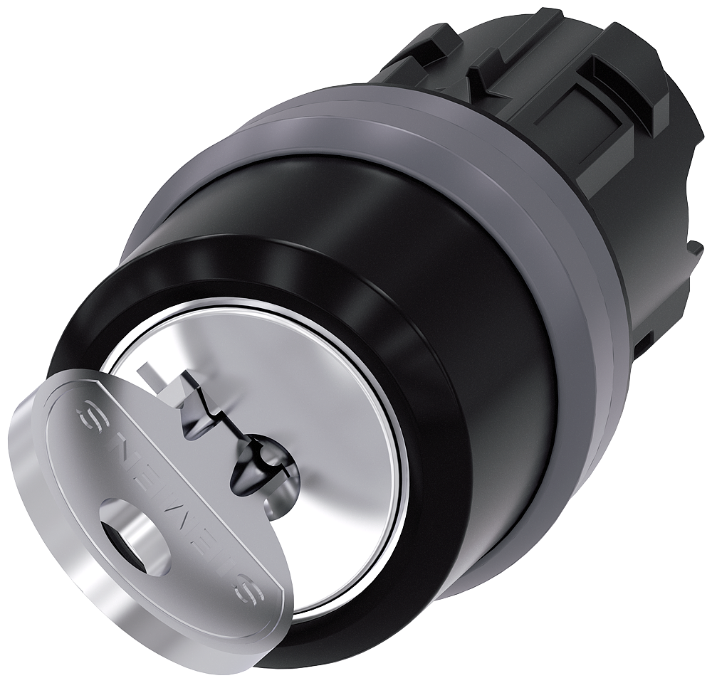 RONIS key-operated switch. 22 mm. round. plastic with metal front ring. lock number 455. with 2 keys. 2 switch positions O-I. latching. actuating angle 90 . 1030h/13 30h. key removal O. Z=50-unit packaging