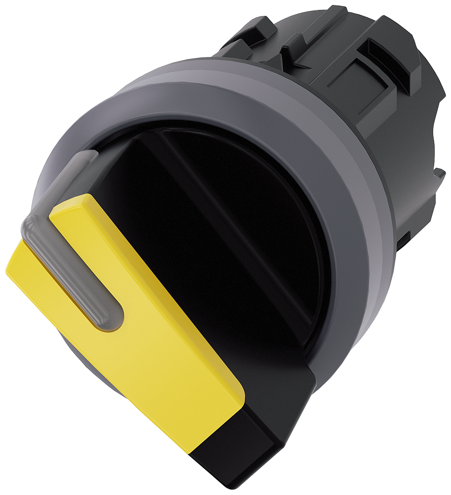 Selector switch. illuminable. 22 mm. round. plastic with metal front ring. yellow. selector switch. short. 2 switch positions O-I. latching. actuating angle 90. 10 30h/13 30h. Z=50-unit packaging