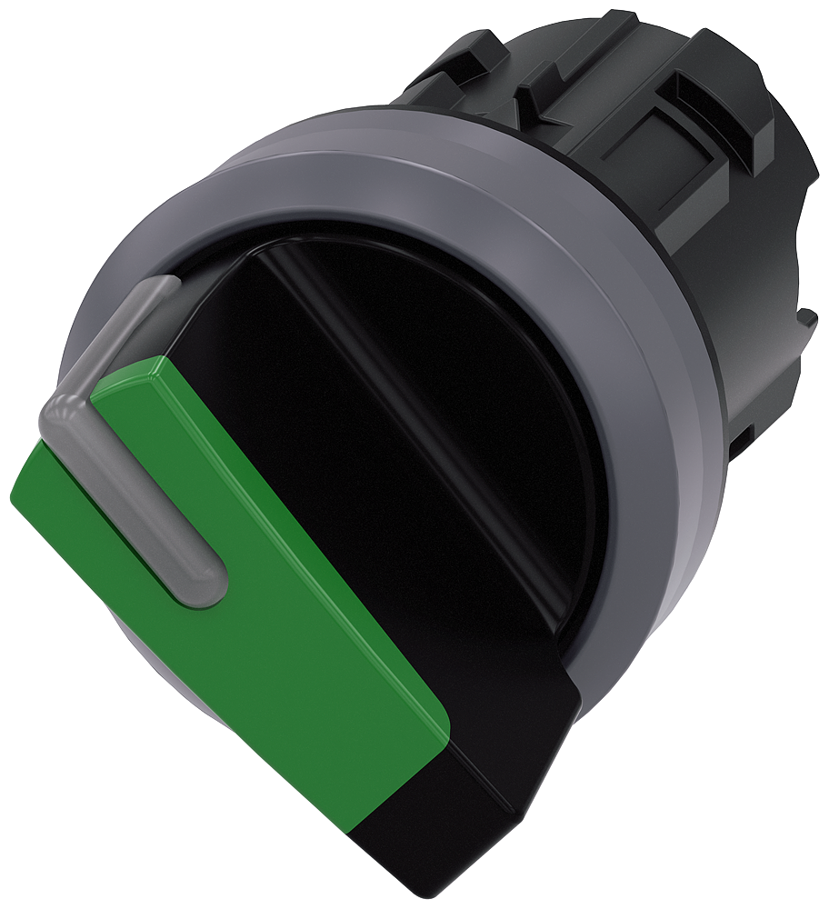 Selector switch. illuminable. 22 mm. round. plastic with metal front ring. green. selector switch. short. 2 switch positions O-I. latching. actuating angle 90 . 10 30h/13 30h. with laser labeling. upper case and lower case. always upper case at beginning of line