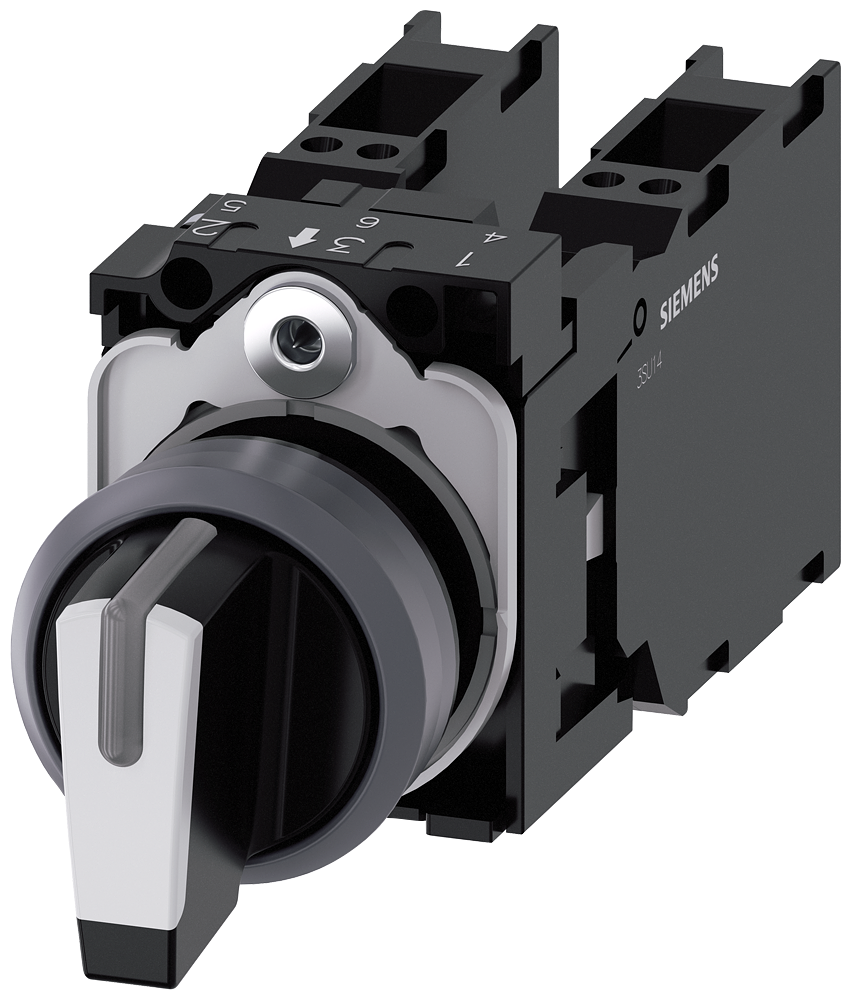 Selector switch. can be illum.. 22mm. round. plastic with metal front ring. black. white. short selector switch. 3 switch positions i-o-ii. latching. actuatingangle 2x45 deg.. 10 30h/12h/13 30h. with holder. 1NO+1NC. 1NO+1NC. spring-type terminal