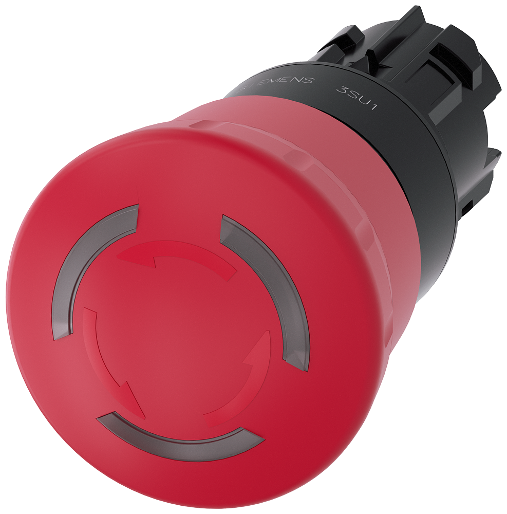 Emergency stop mushroom pushbutton. illuminable. 22 mm. round. plastic. red. 40mm. positive latching. rotate-to-unlatch. with laser labeling. symbol number according to. ISO 7000 or IEC 60417