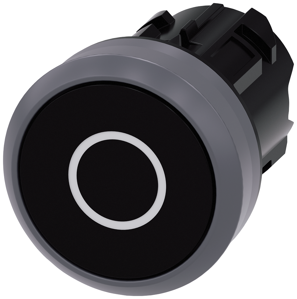 Pushbutton. 22 mm. round. plastic with metal front ring. black. inscription O. pushbutton. flat momentary contact type. Z=100-unit packaging