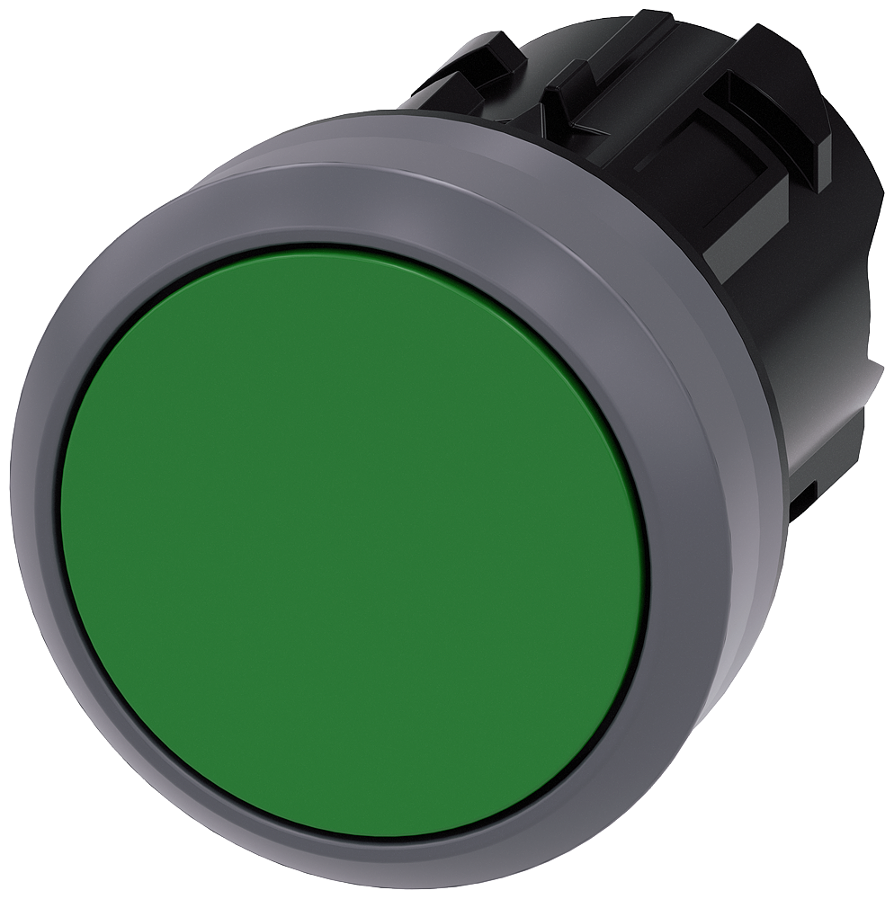 Pushbutton. 22 mm. round. plastic with metal front ring. green. pushbutton. flat momentary contact type. with laser labeling. upper case and lower case. alwaysupper case at beginning of line