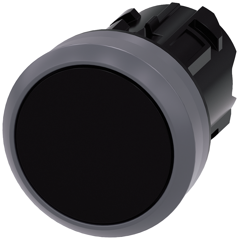 Pushbutton. 22 mm. round. plastic with metal front ring. black. pushbutton. flat momentary contact type. with laser labeling. upper case