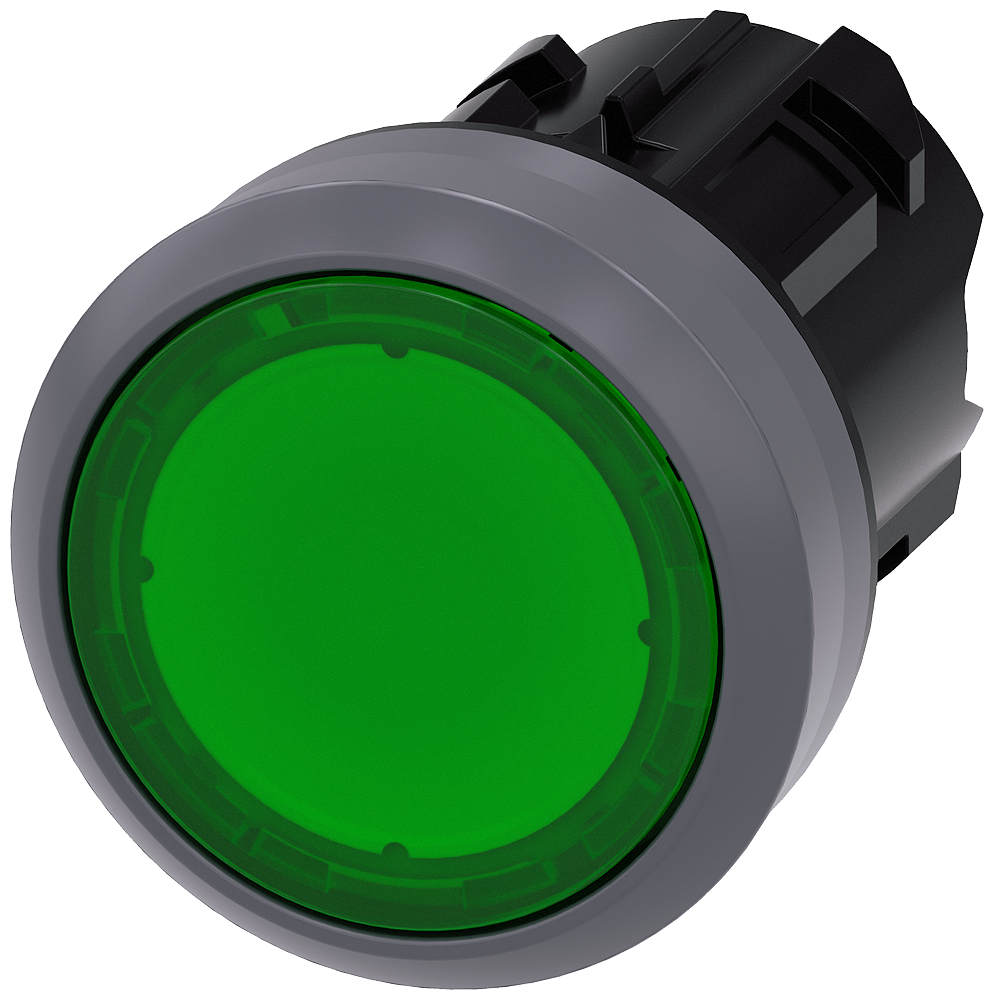 Indicator light in illuminated pushbutton design. 22 mm. round. plastic with metal front ring. green. Z=100-unit packaging