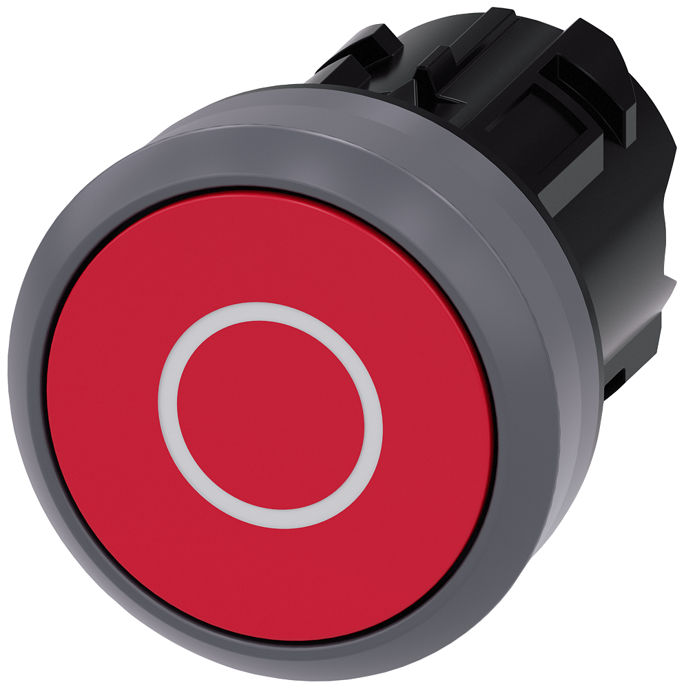 Pushbutton. 22 mm. round. plastic with metal front ring. red. inscription O. pushbutton. flat momentary contact type. Z=100-unit packaging