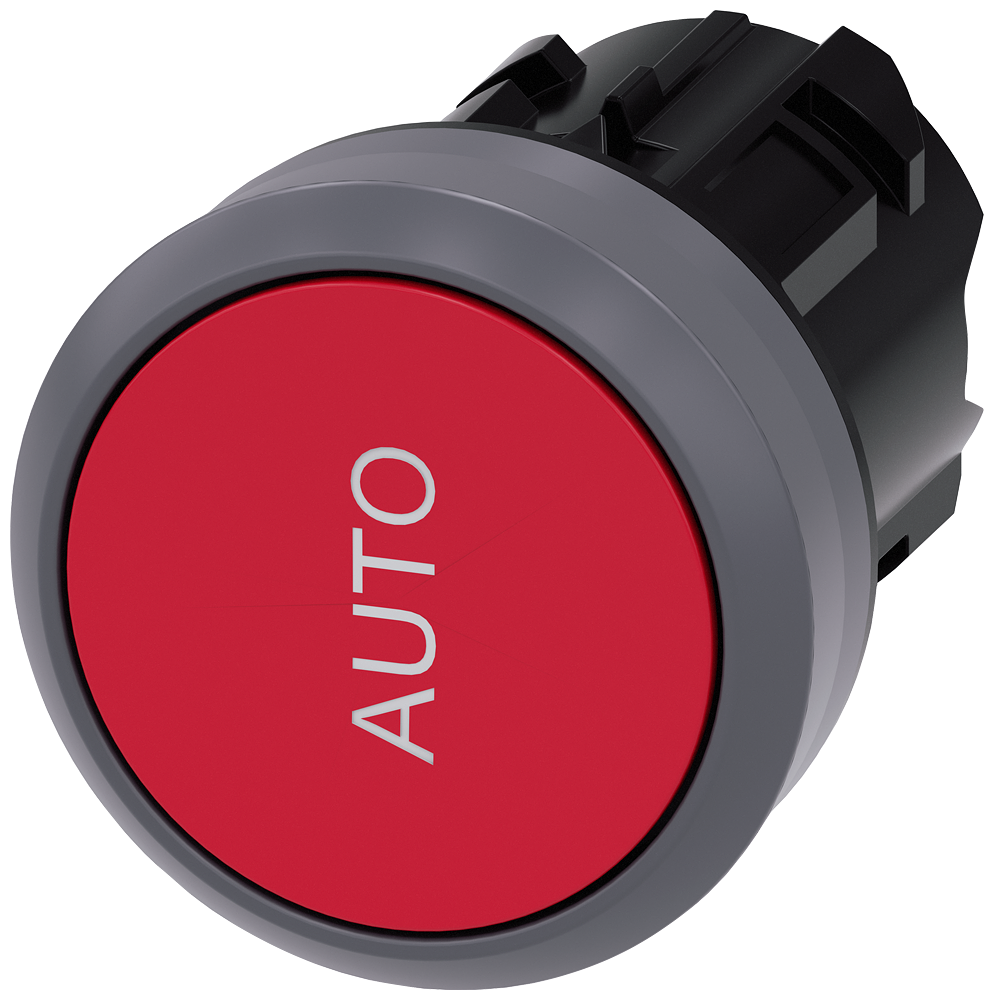 Pushbutton. 22 mm. round. plastic with metal front ring. red. inscription Auto.rotated by 90 . pushbutton. flat momentary contact type. Z=100-unit packaging
