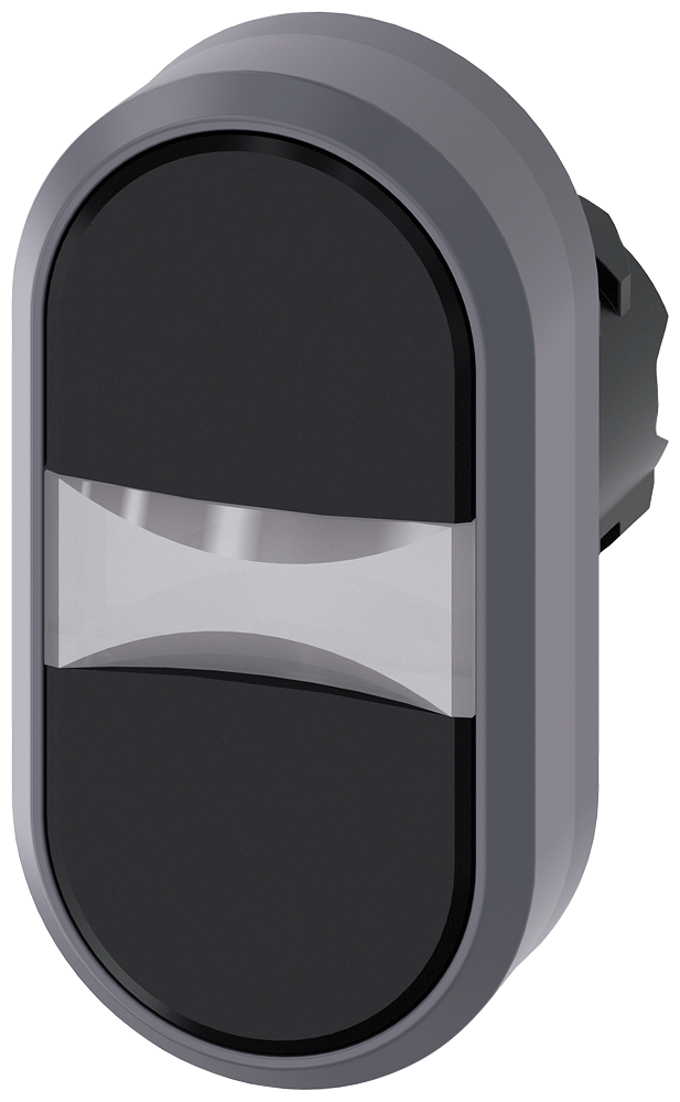 Twin pushbutton. 22 mm. round. plastic with metal front ring. black. black. pushbuttons. flat. with laser labeling. lower case