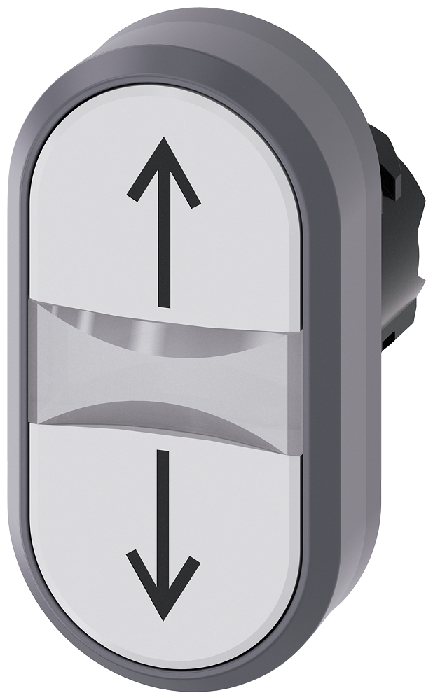 Twin pushbutton. 22 mm. round. plastic with metal front ring. white arrow pointing up. white arrow pointing down. pushbuttons. flat. Z=50-unit packaging