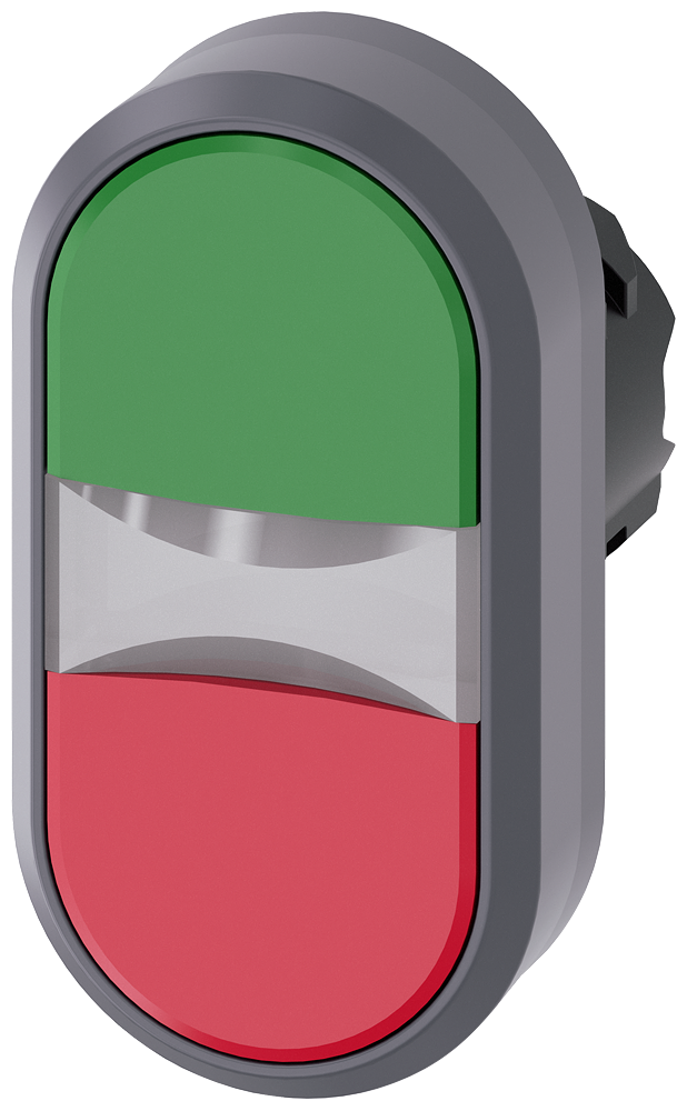 Illuminated twin pushbutton. 22 mm. round. plastic with metal front ring. green. red. pushbuttons. flat. with laser labeling. upper case and lower case. alwaysupper case at the beginning of the word