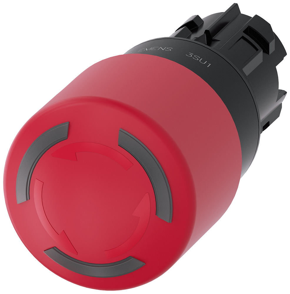 Emergency stop mushroom pushbutton. illuminable. 22 mm. round. plastic. red. 30mm. positive latching. rotate-to-unlatch. with laser labeling. inscription or symbol Customer-specific selection with SIRIUS ACT configurator (CIN)