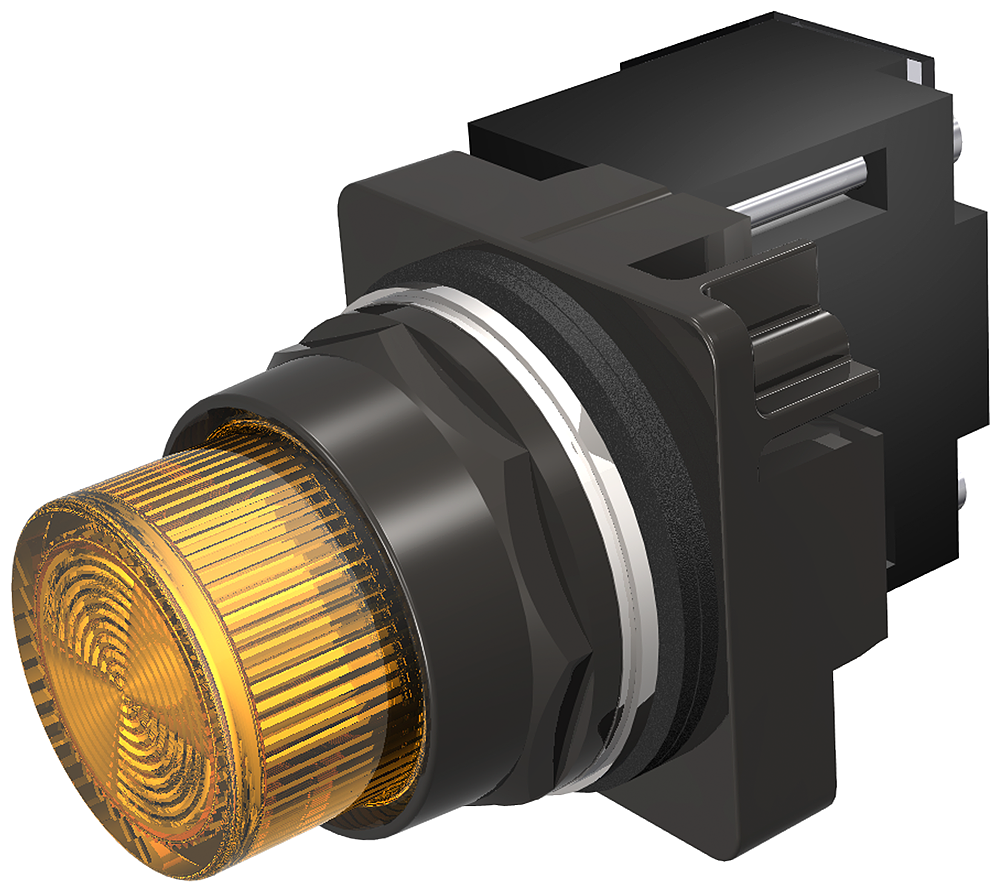 30mm BlackMax, Epoxy Coated Corrosion Resistant Complete Metal Unit IlluminatedIndicator Light Full Voltage type, 24V AC/DC Super Bright LED Lamp, BA9s Plastic Lens, Amber UL Listed, CSA Certified NEMA 1,3,3R,4,4X,12,13 ( & ) Automotive Standards