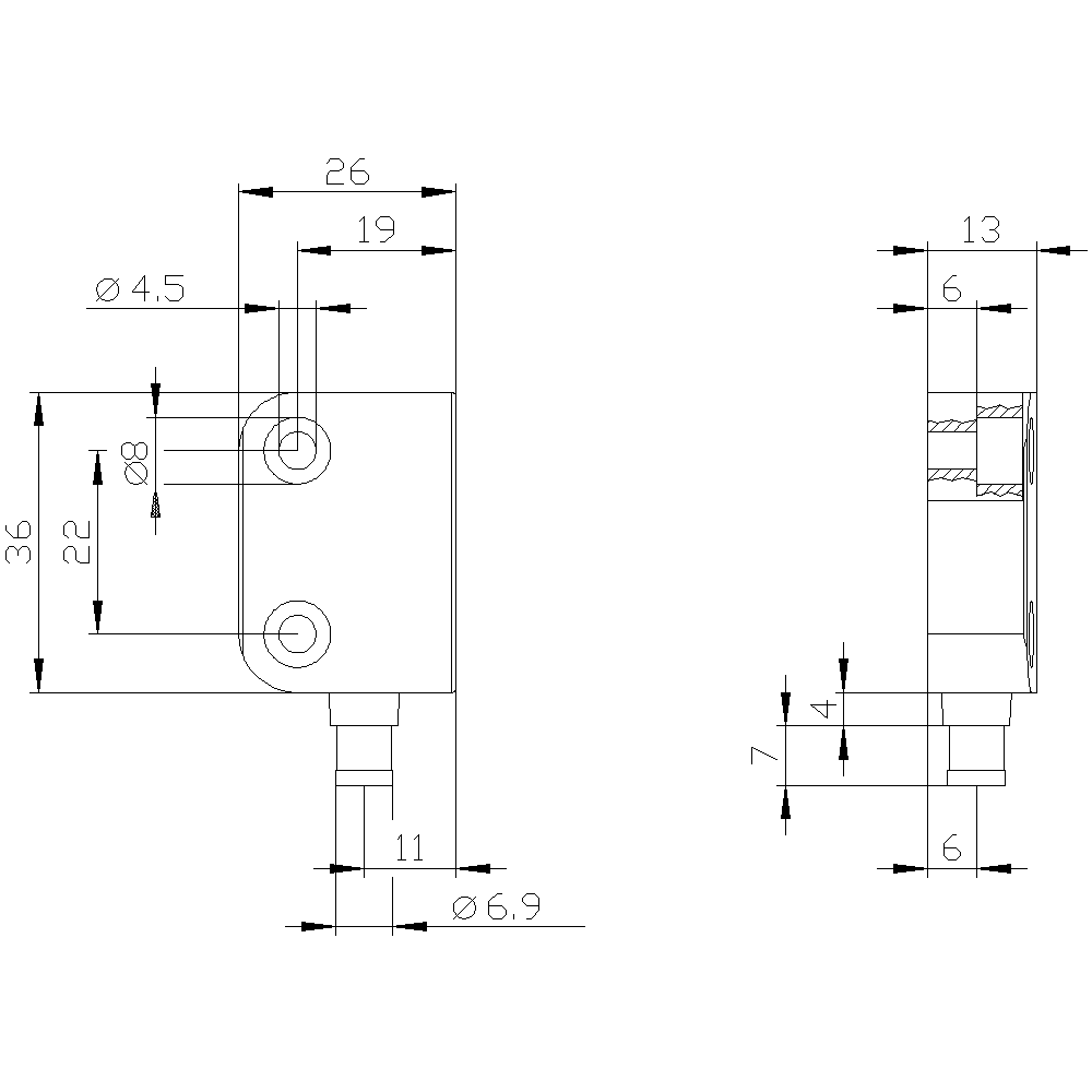 3SE6627-3CA01 Magnetický spínač spínací prvek, obdélníkový malý 26 x 36 mm, pro dveřní doraz vpravo