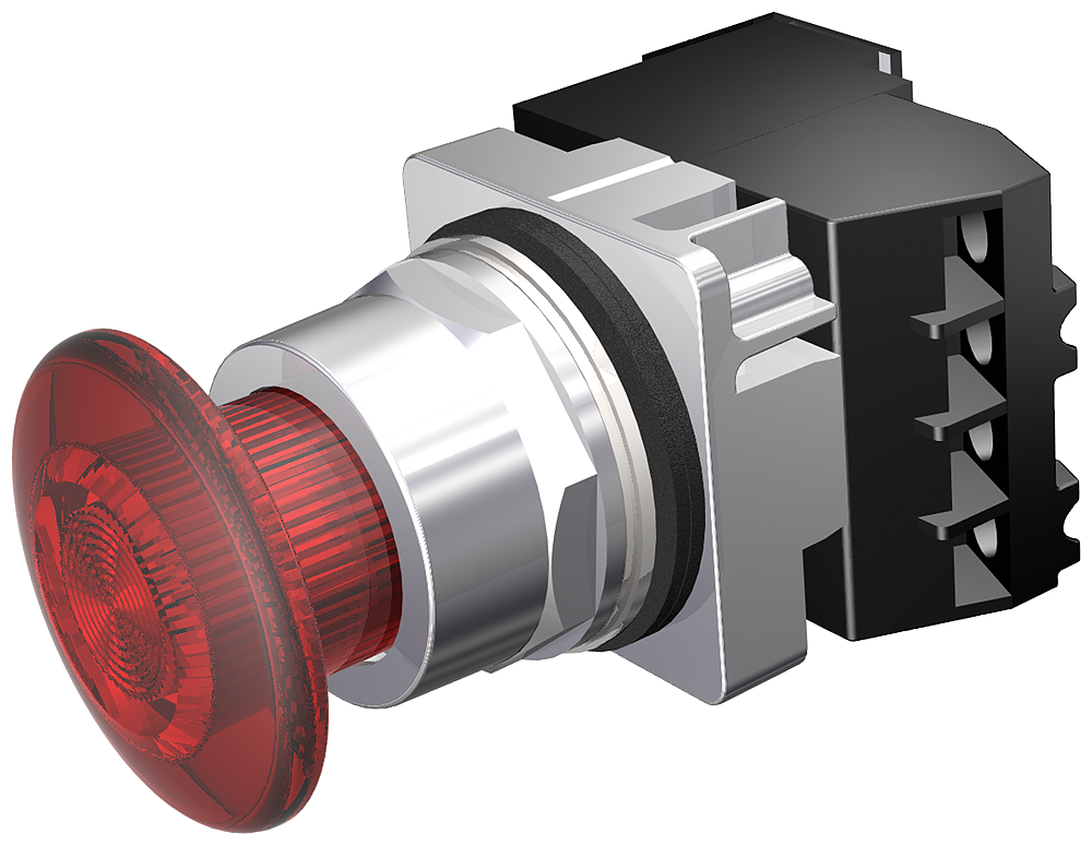 30mm command/52, chrome finish heavy duty,watertight/oiltight complete metal unit illuminated push-pull operator full voltage, 24V AC/DC led lamp mushroom headcap small 1 3/4 (44.5 mm) plastic, red 2 position maintained, pull-to-release with 1 n.o