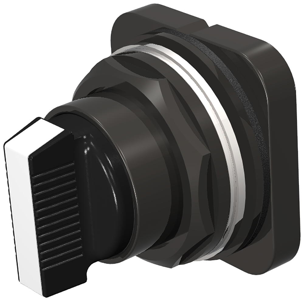 30mm BlackMax, Epoxy Coated Corrosion Resistant Metal Operator, Round Non-Illuminated Selector Switch, Short Lever Black with White Insert 3 Position, G-CAM Spring Return from Left UL Listed, CSA Certified NEMA 1,3,3R,4,4X,12,13 ( & ) Automotive Standards