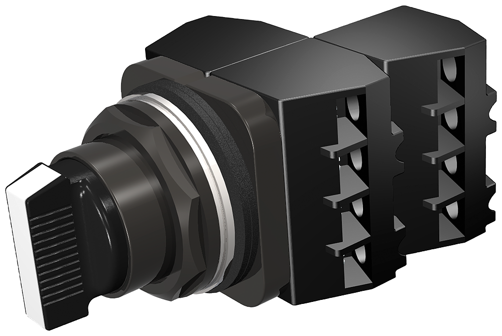 Selector Switch, Metal, NEMA 4X Spring return from right Short Lever, B Cam 1NC+ 1NO left, 1NC right 3 position Complete Device White Insert Non-Illuminated UL File E22655 in Vol. 6 (7) Sec. 13 (2)