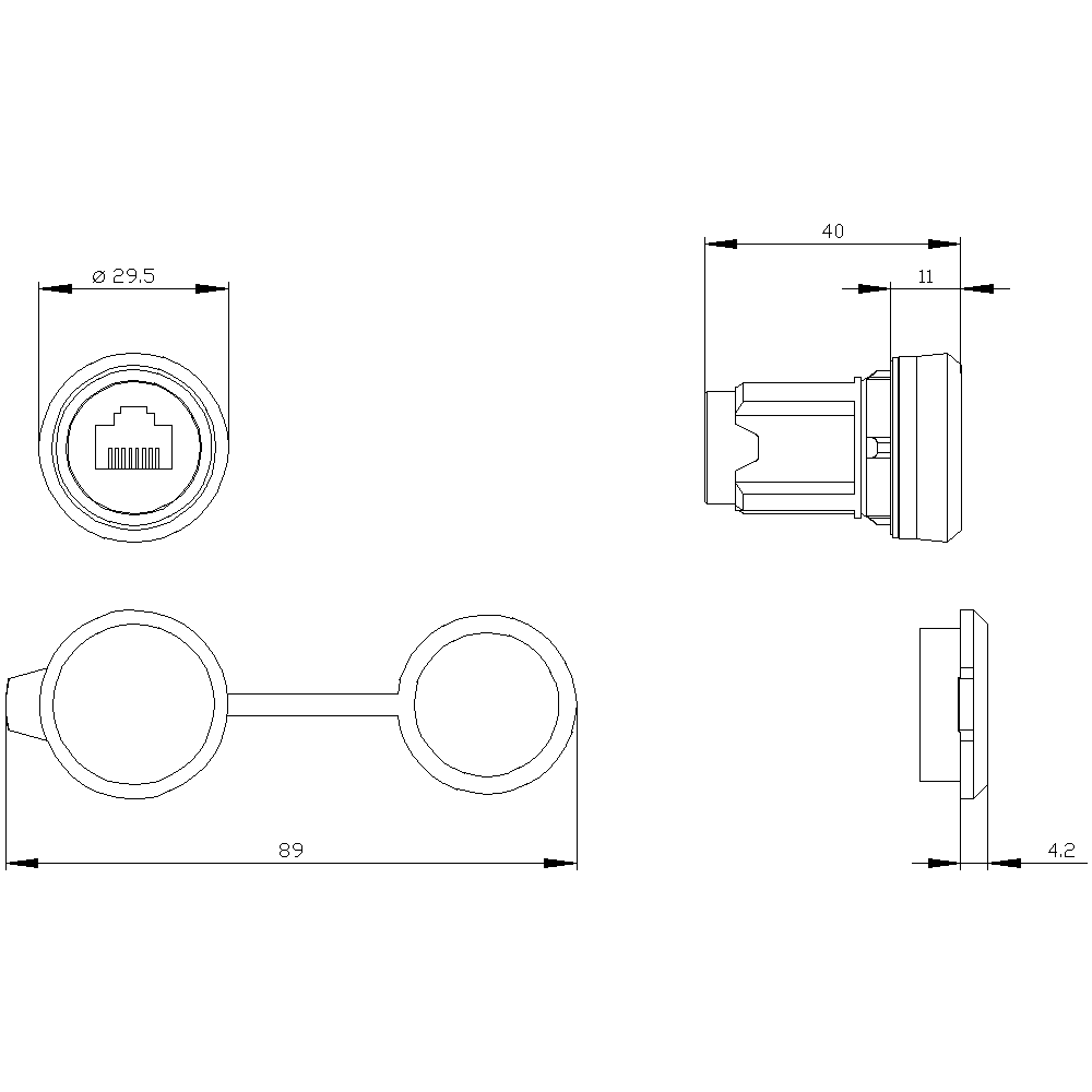 Konektor RJ45, 22 mm, kov s vysokým leskem, stříbrná